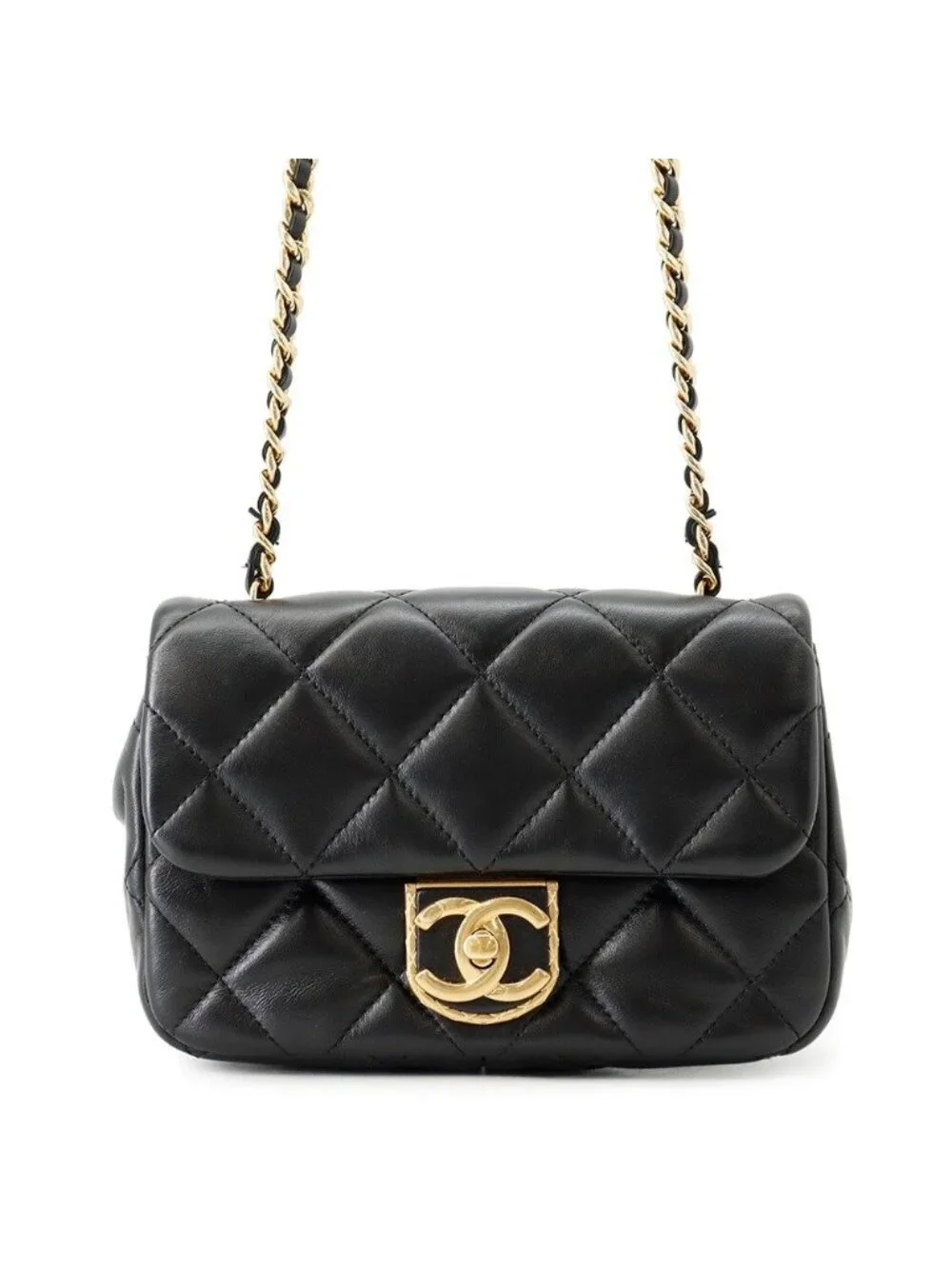 Chanel Chain Shoulder Bag Quilted CC Logo Small Flap Lambskin Black